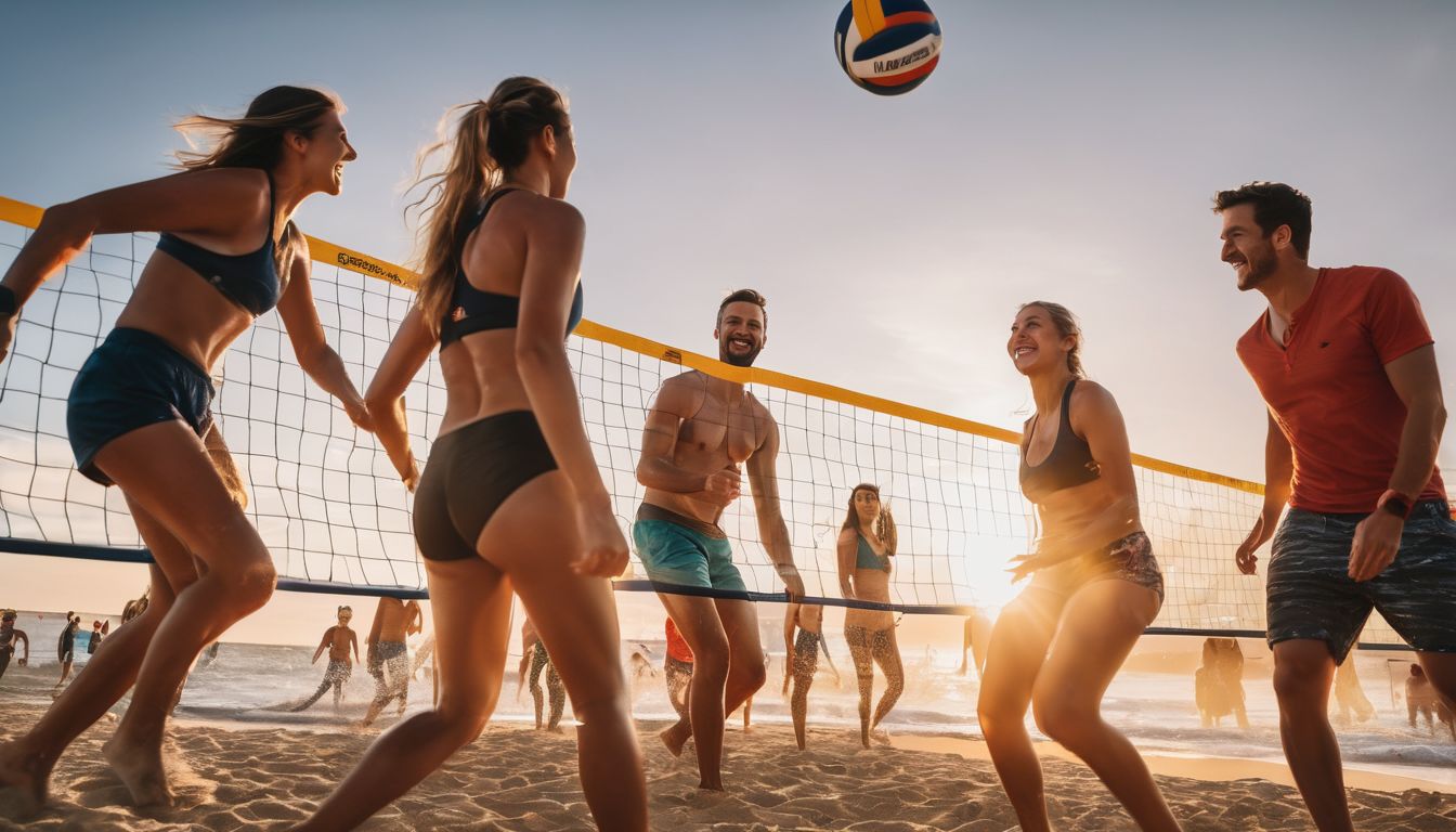 A group of friends playing beach volleyball during sunset, capturing the excitement and fun of beach activities.