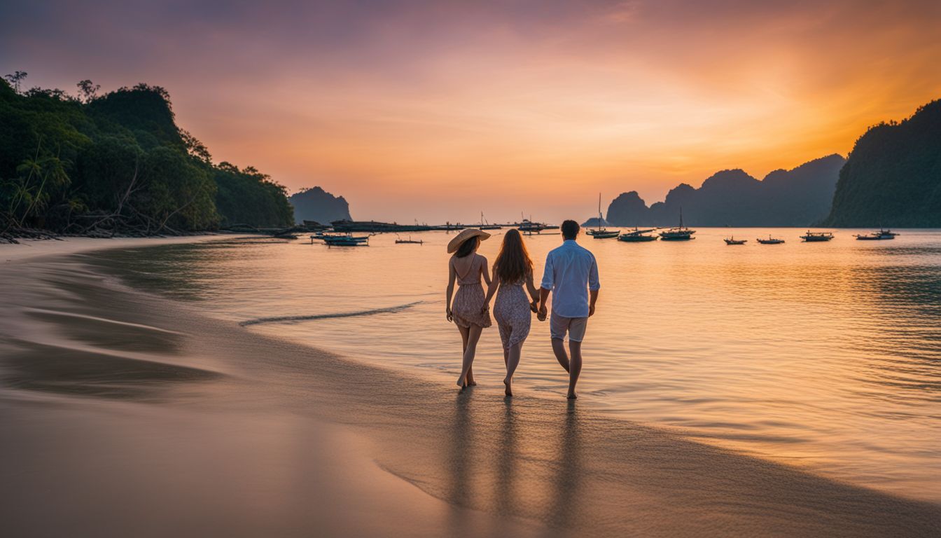 A couple walks on the peaceful beach at sunset, captured in a stunning photograph.