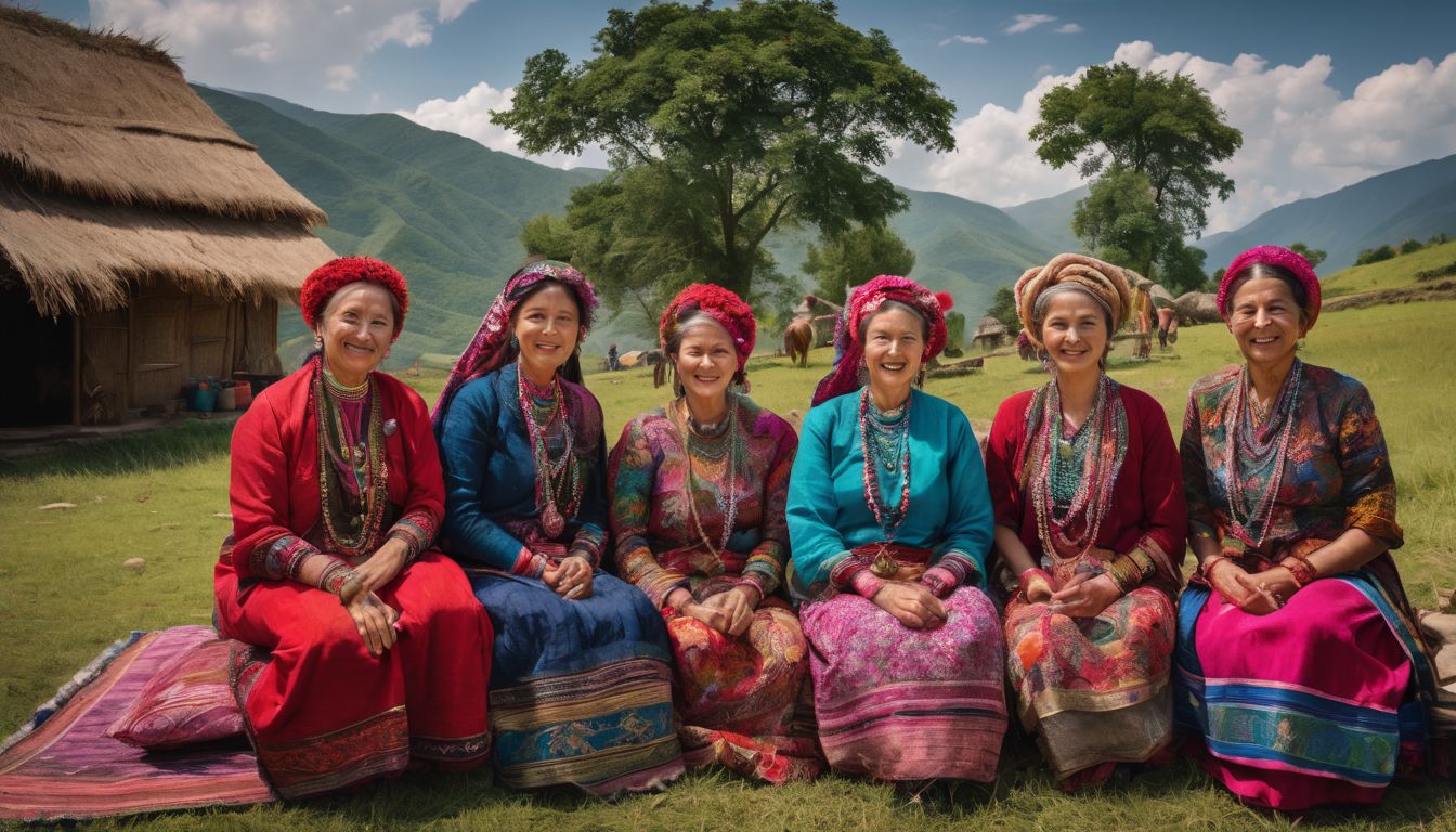 A group of local villagers in traditional attire surrounded by vibrant textiles and rural landscapes.