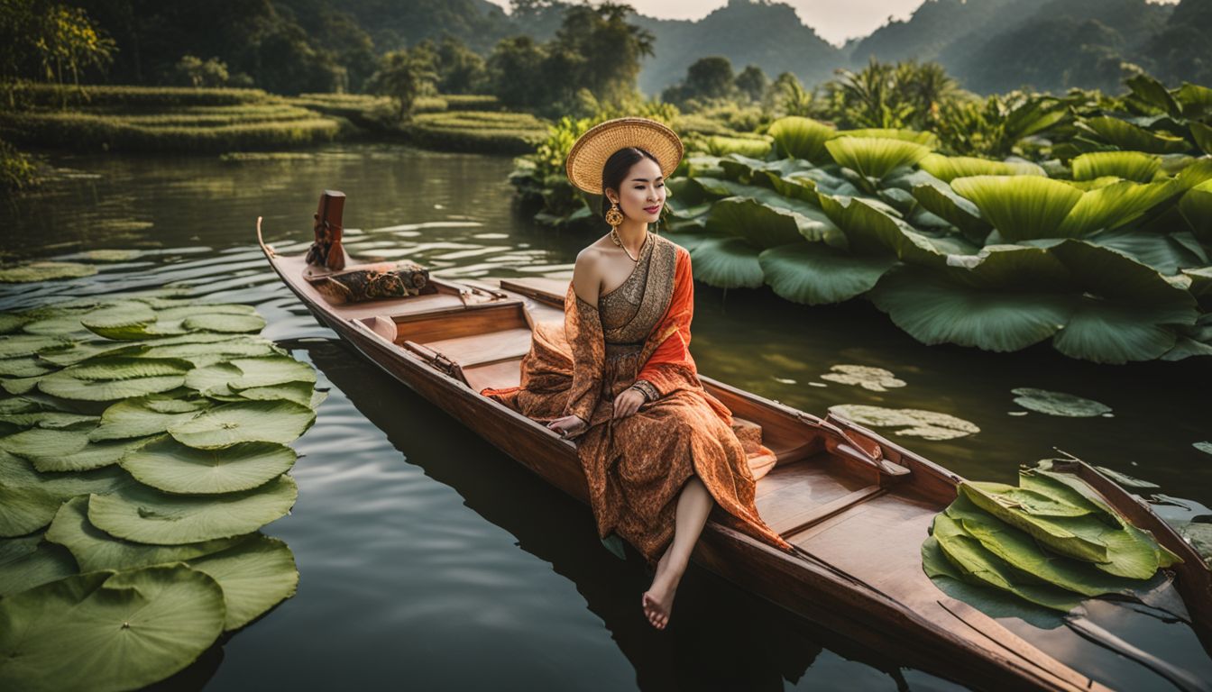 A photo of a woman sitting on a boat surrounded by floating gardens, showcasing a vibrant Thai cultural experience.