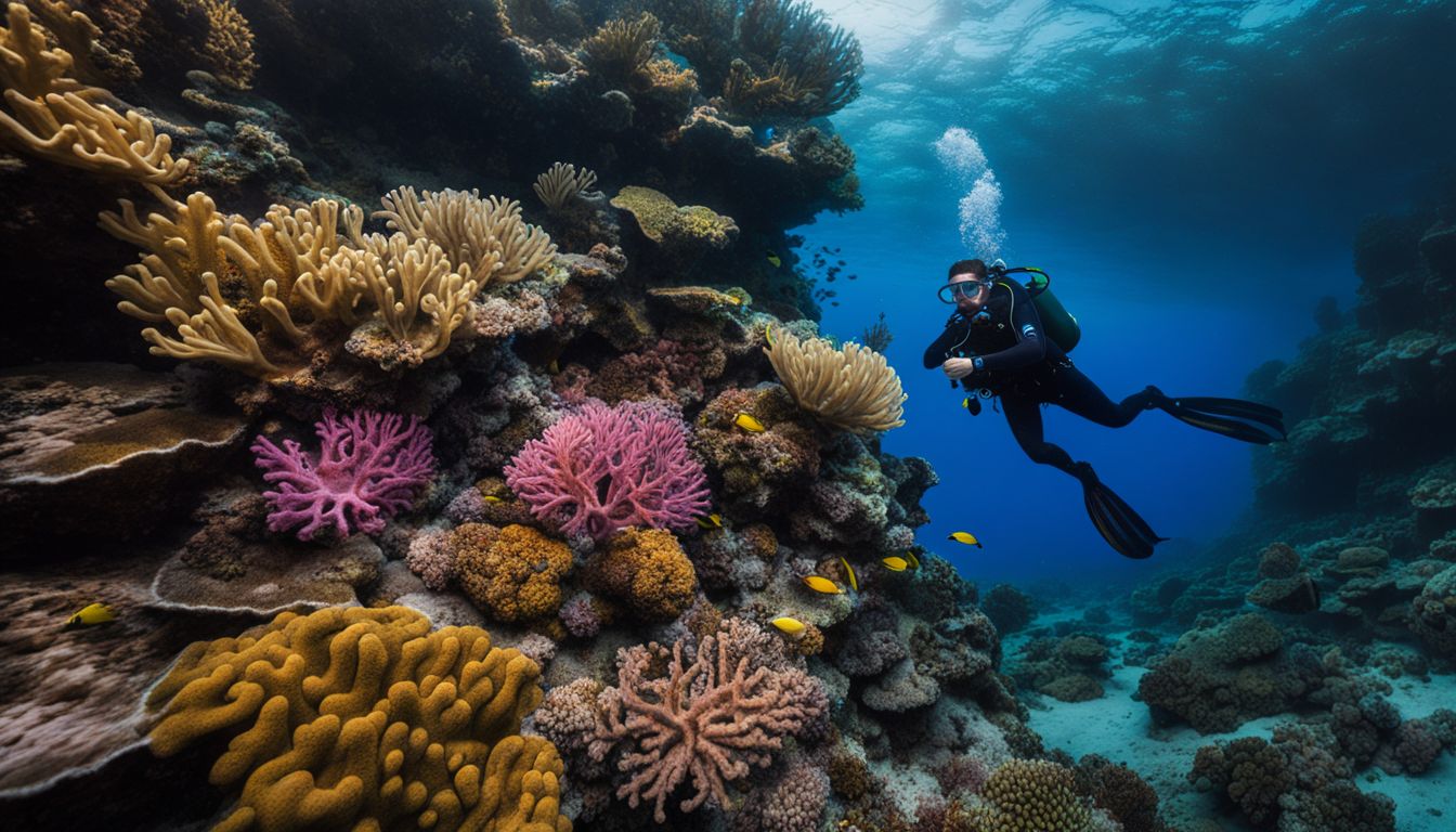 A scuba diver explores a vibrant coral reef at Sail Rock, capturing the beauty of the underwater ecosystem.
