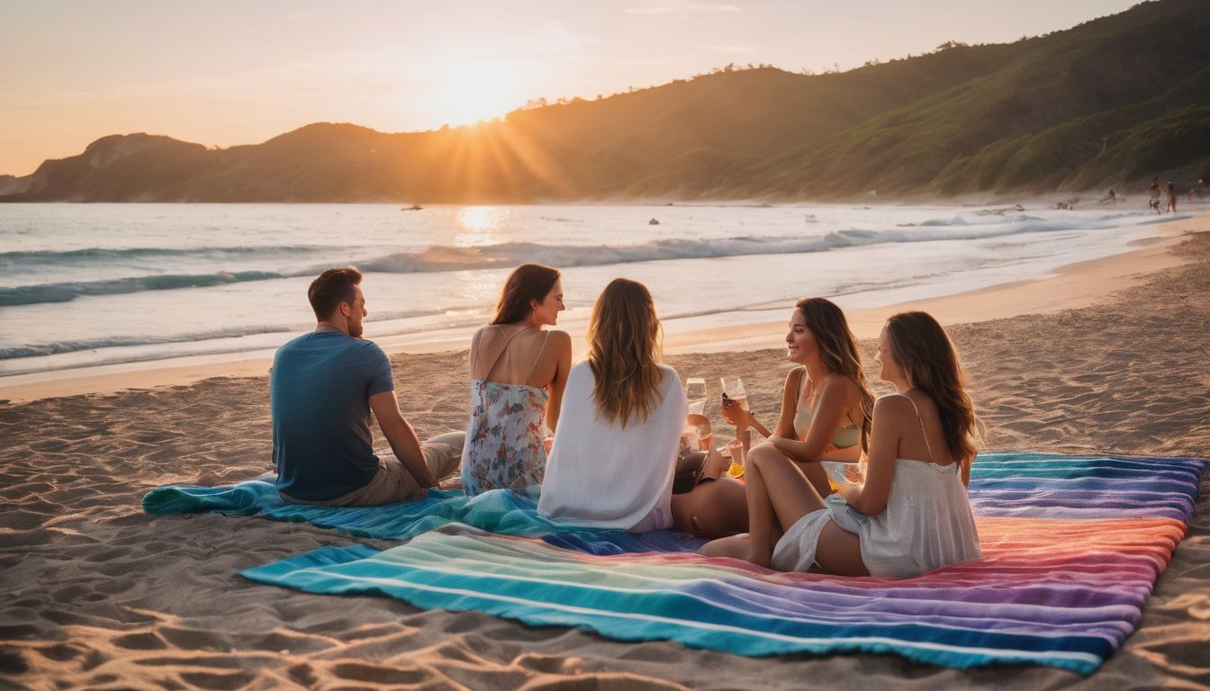 A group of friends enjoying a sunset on the beach, captured in a vibrant and energetic photograph.