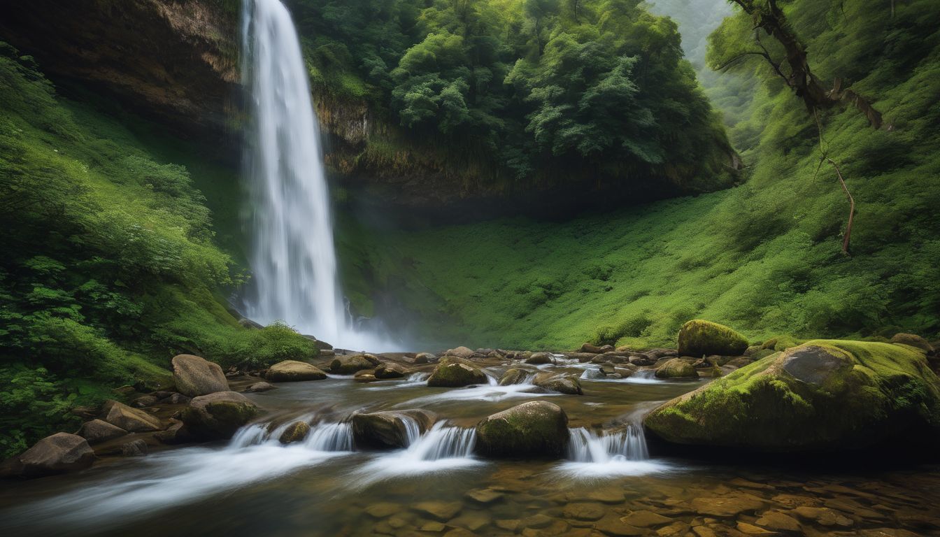 A photograph capturing a serene waterfall surrounded by lush green hills and featuring diverse individuals in various outfits.