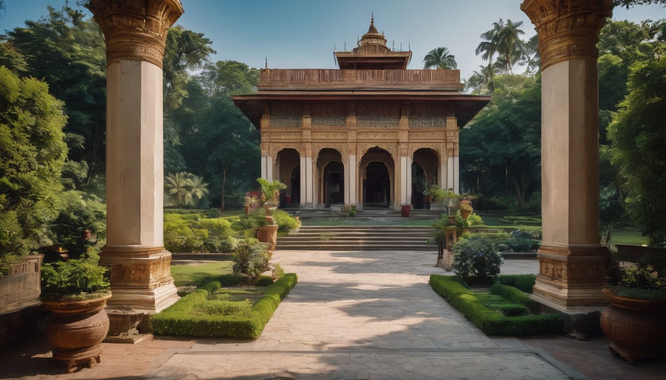 The Tajhat Palace's grand entrance is surrounded by a beautiful garden and captures a bustling atmosphere.