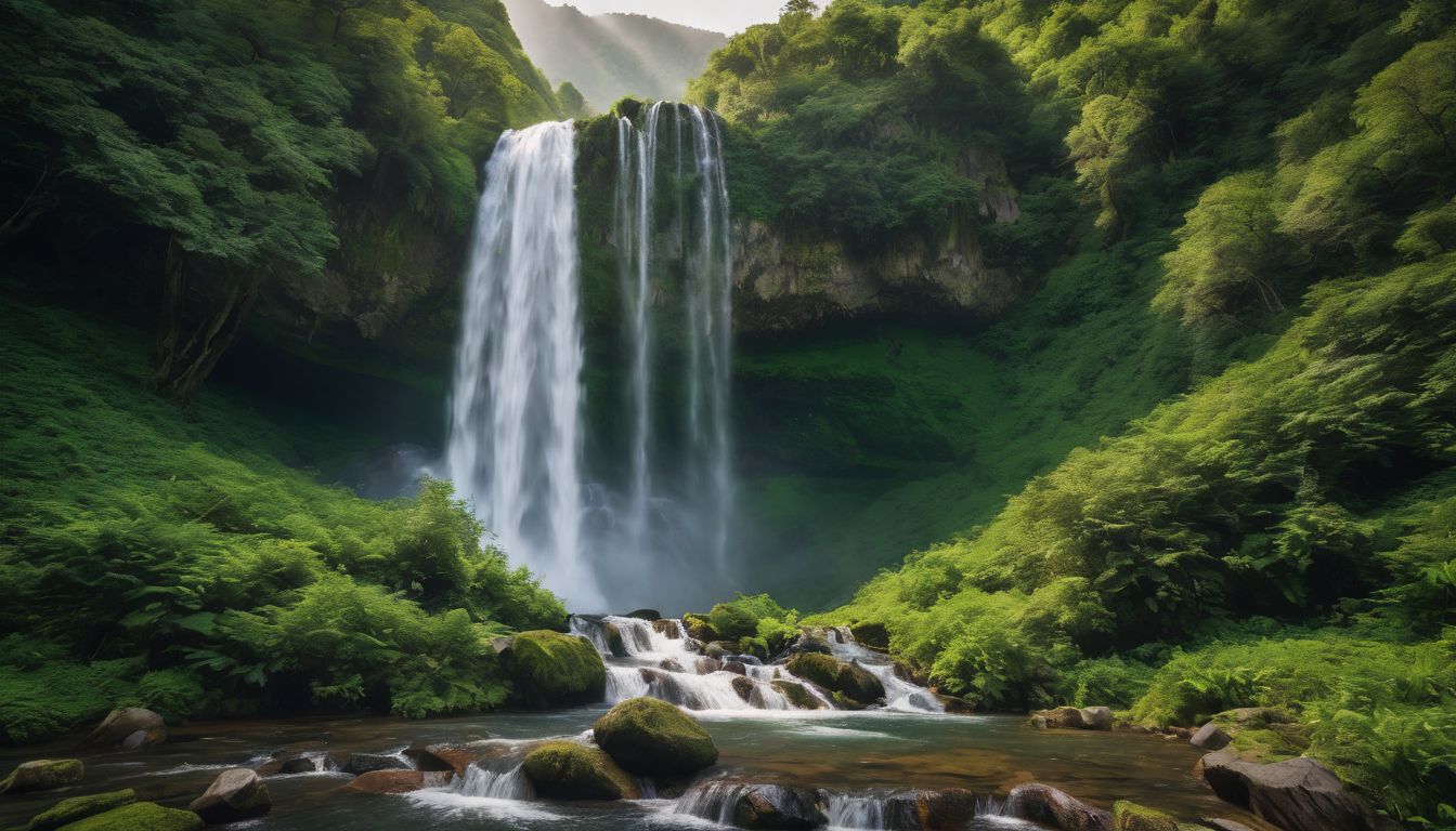 A breathtaking photograph of a majestic waterfall surrounded by lush green mountains and a bustling atmosphere.