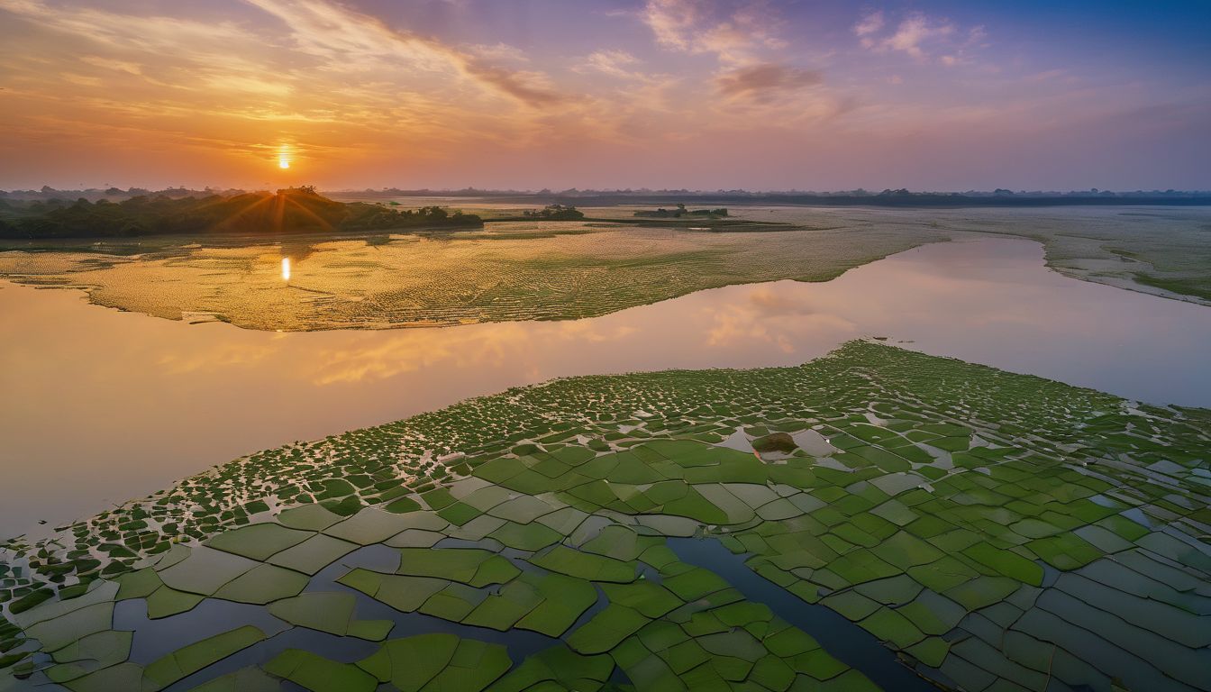 A breathtaking photograph of the expansive Ganges delta in Bangladesh at sunrise, showcasing its rivers and beautiful landscape.