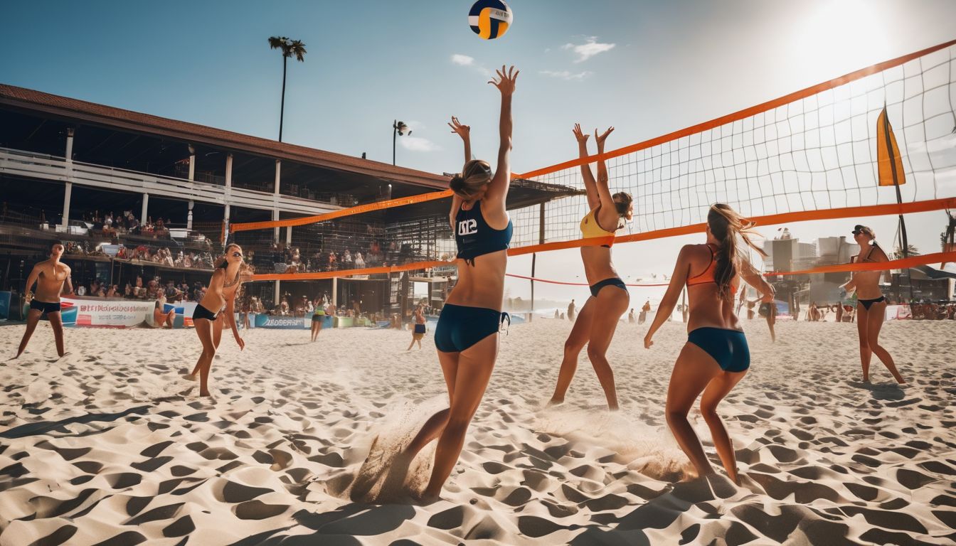 A vibrant photo of people playing beach volleyball with a bustling atmosphere and intense energy.