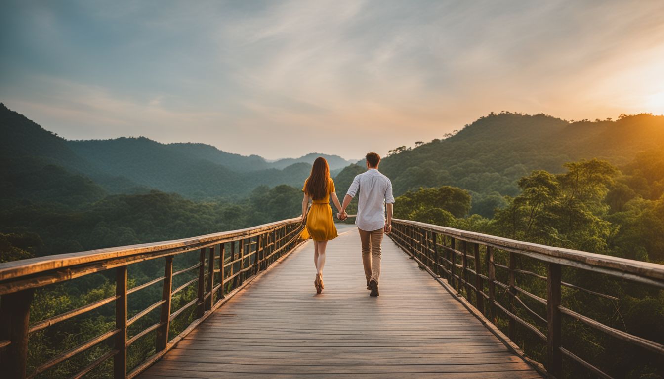 A couple walks hand in hand across a bridge surrounded by bustling nature.