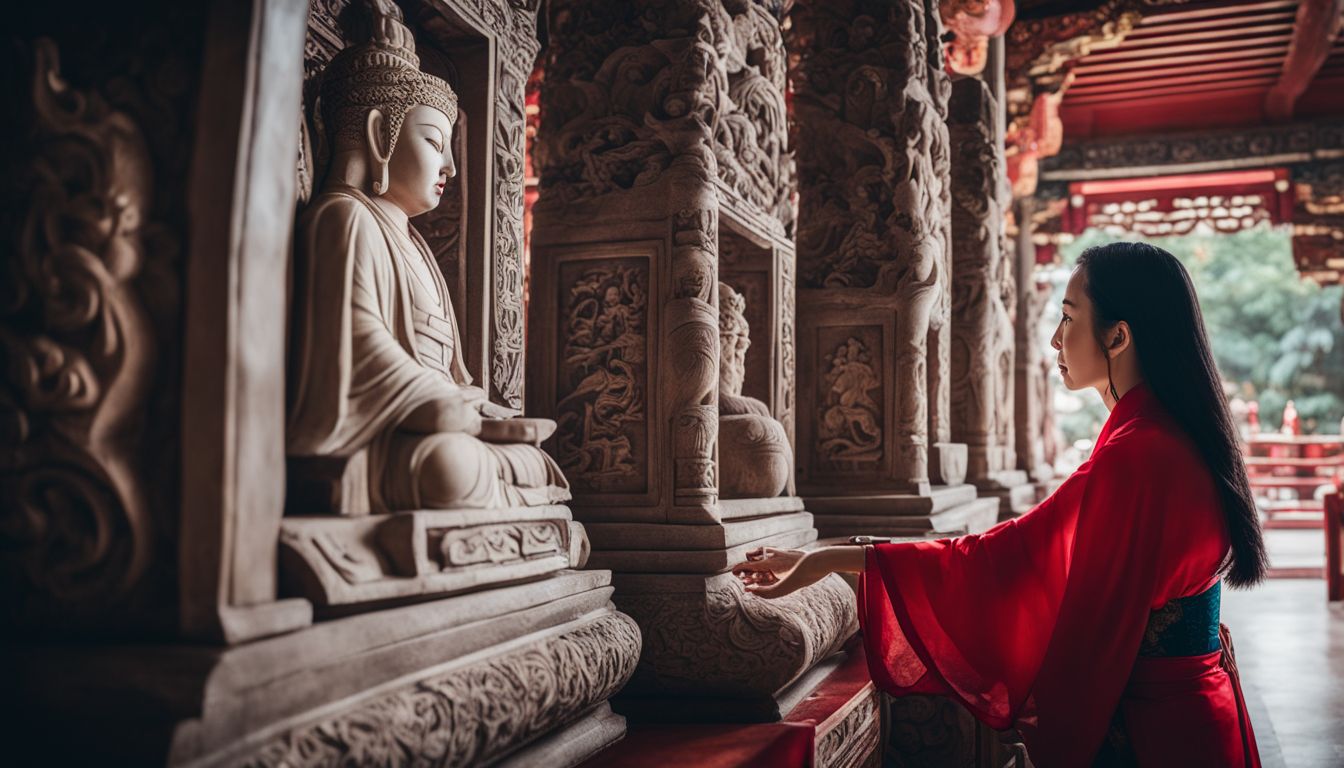 An Asian woman in traditional clothing admiring stone carvings inside Hainan Temple.