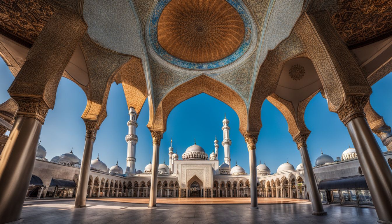 A vibrant photo showcasing the stunning exterior design of the Baitul Mukarram Mosque against a blue sky.