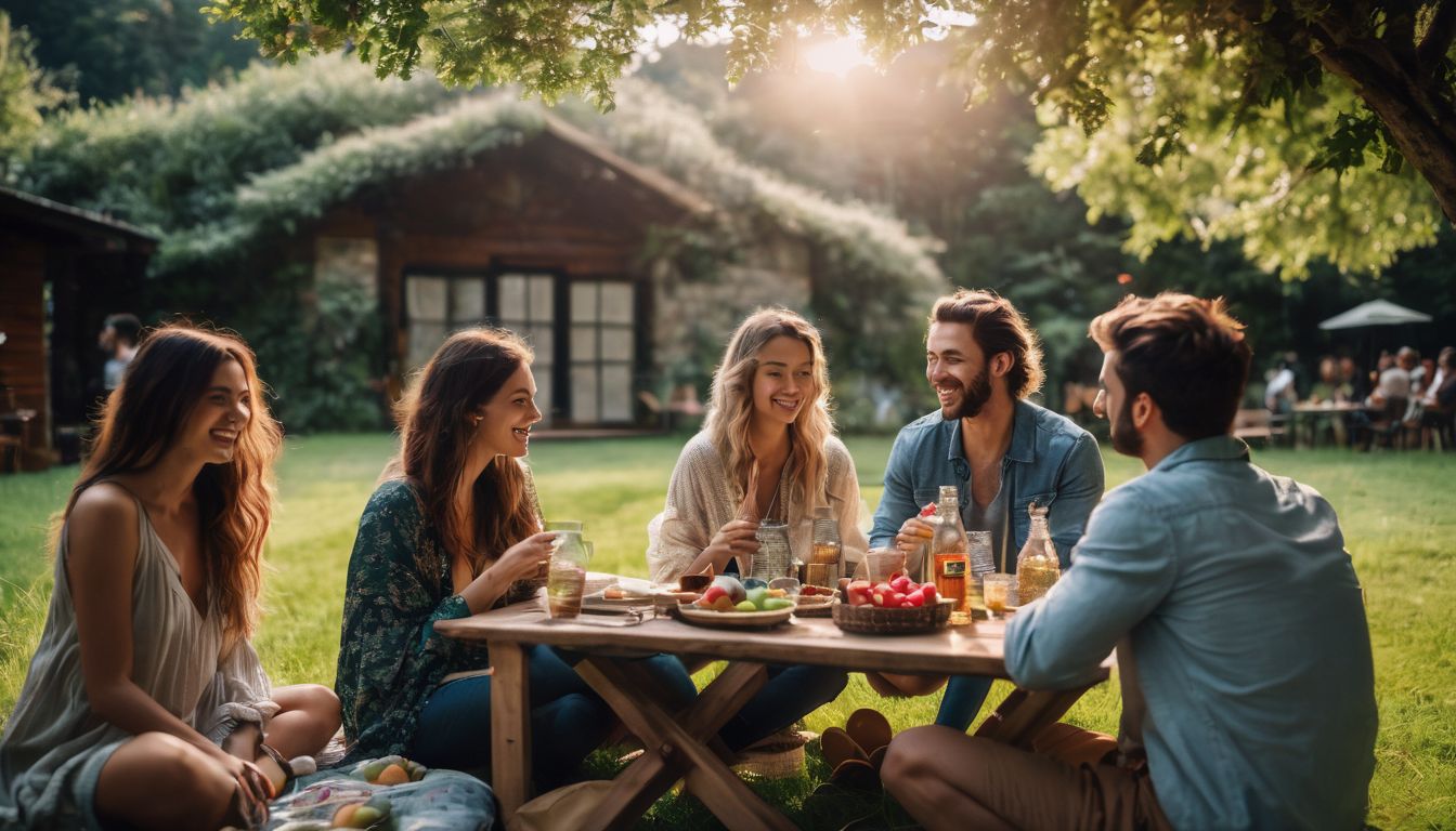 A diverse group of friends enjoy a picnic in a hostel's picturesque garden surrounded by lush greenery.