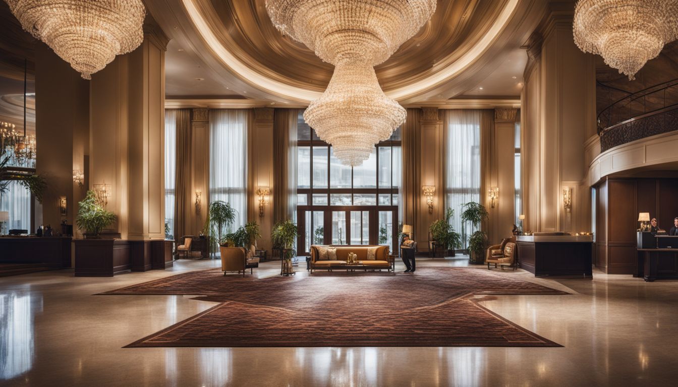 A luxurious hotel lobby with a grand entrance, elegant chandeliers, and a bustling atmosphere.