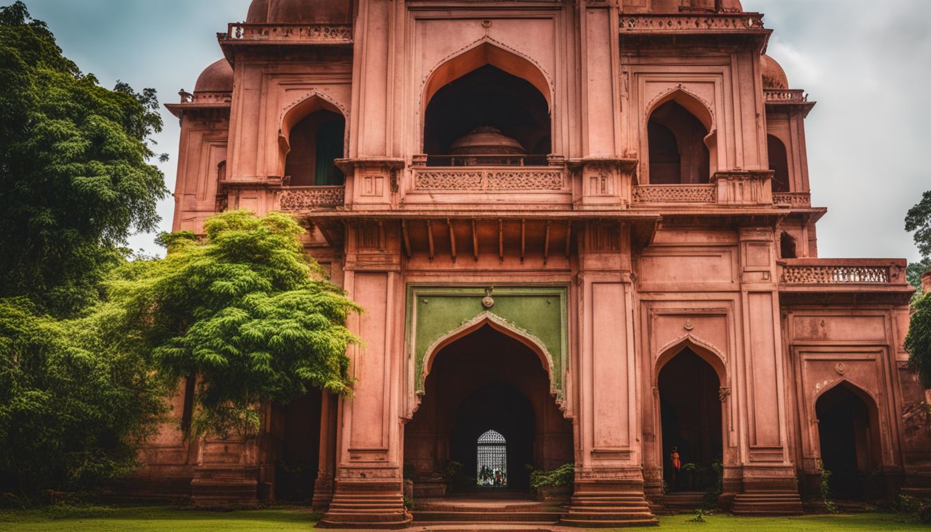 A photograph of Lalbagh Fort surrounded by lush green gardens, showcasing a bustling atmosphere and diverse group of people.