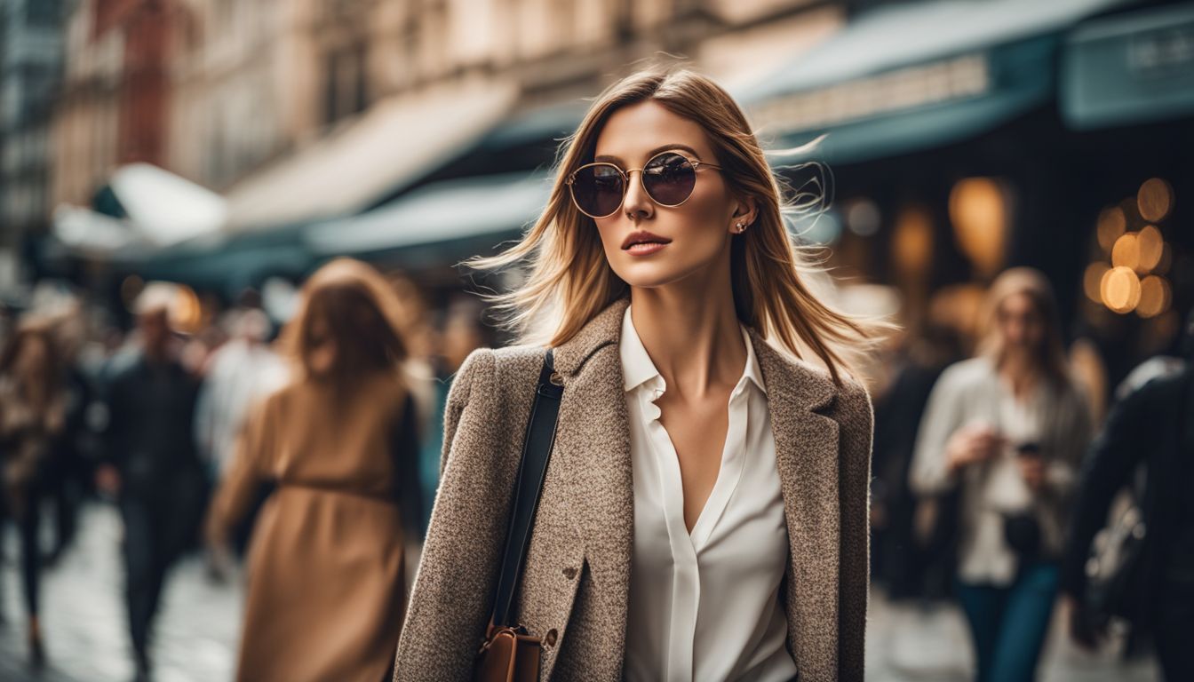 A stylish woman walks down a busy city street, showcasing trendy fashion and accessories.