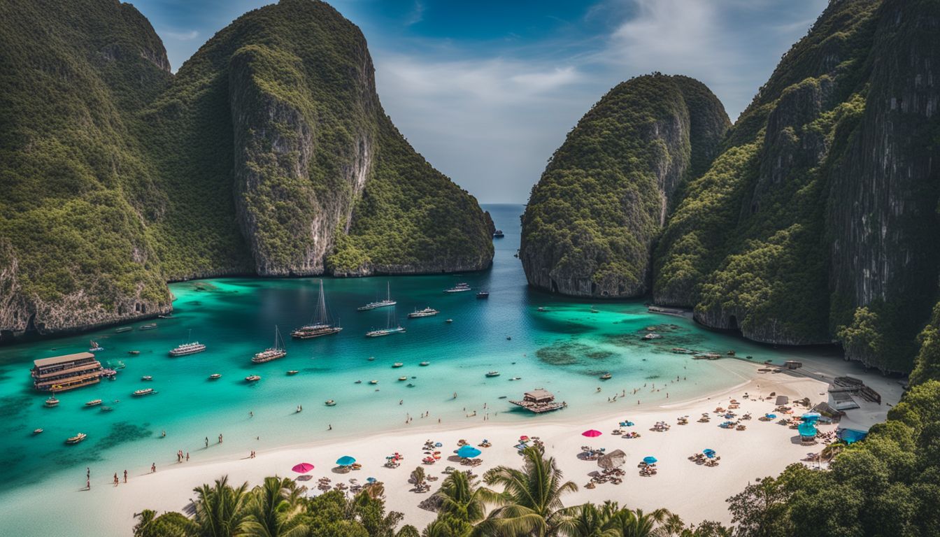Tourists flock to Maya Bay beach to enjoy the clear water and bustling atmosphere.