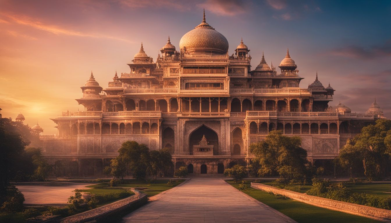 A stunning photo of the Tajhat Palace at sunset, showcasing its flawless architecture and bustling atmosphere.