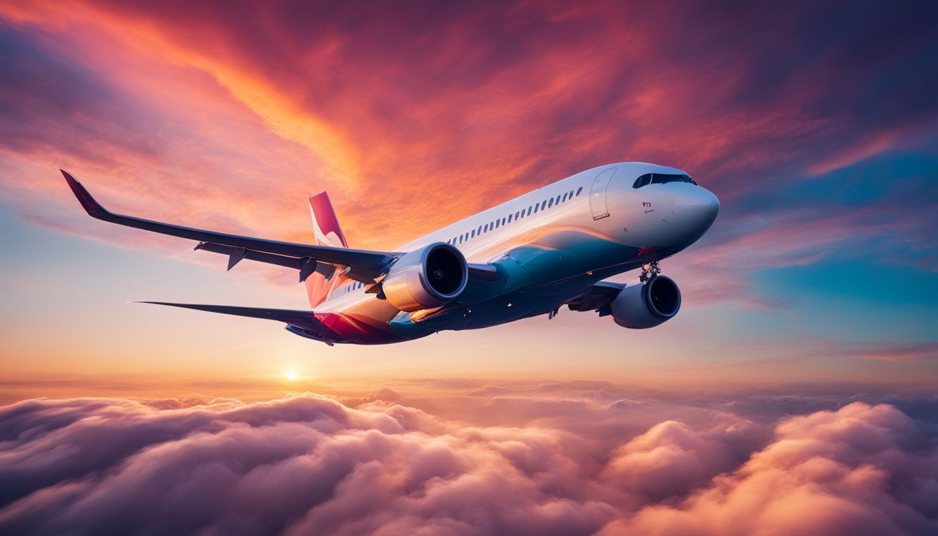 A photograph of a plane flying through a colorful sunset sky with various people on board.