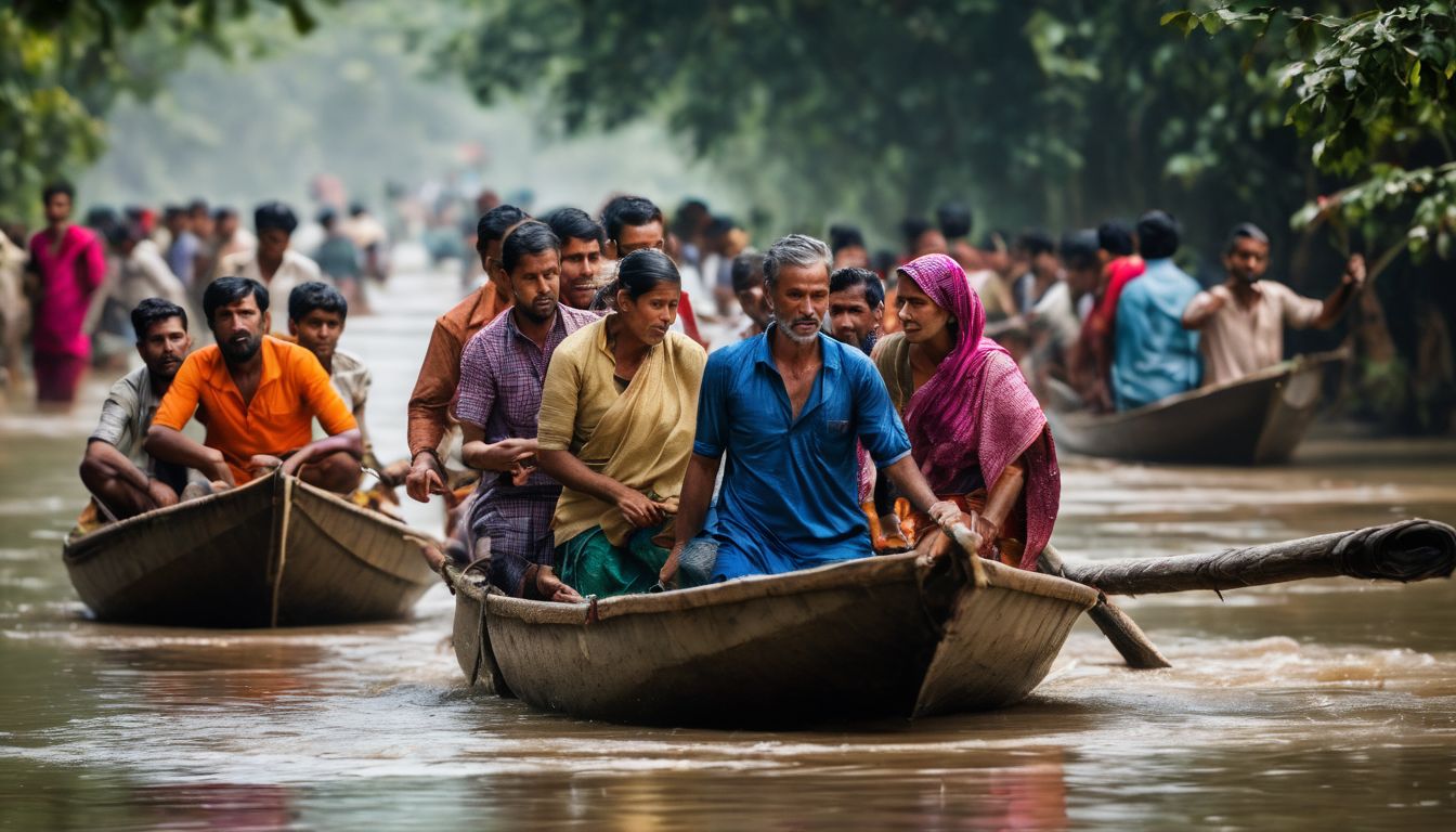 A group of villagers in Bangladesh navigate through a flood, showcasing the bustling atmosphere and resilient spirit of the community.
