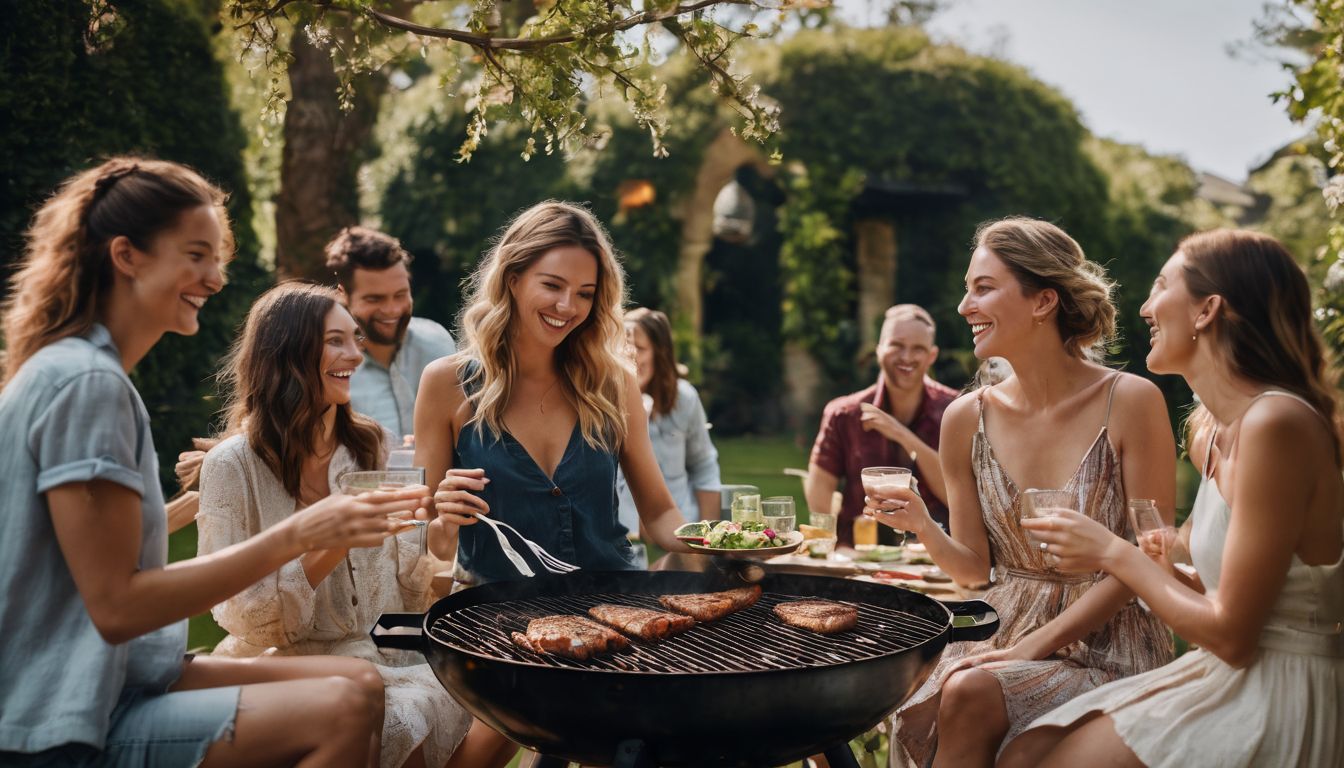 A diverse group of friends enjoying a delicious outdoor barbecue in a lush garden setting.