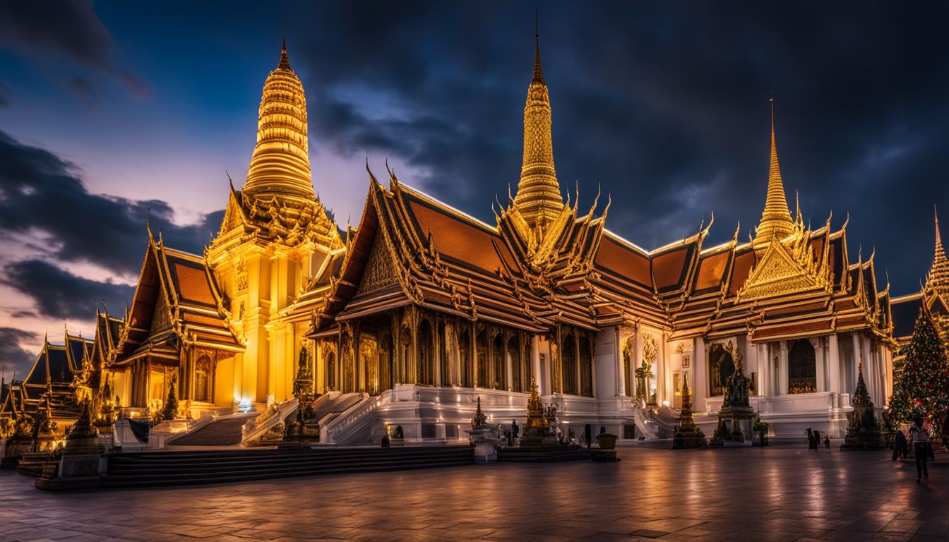 A captivating nighttime photo of The Grand Palace with a vibrant sky and a bustling atmosphere.