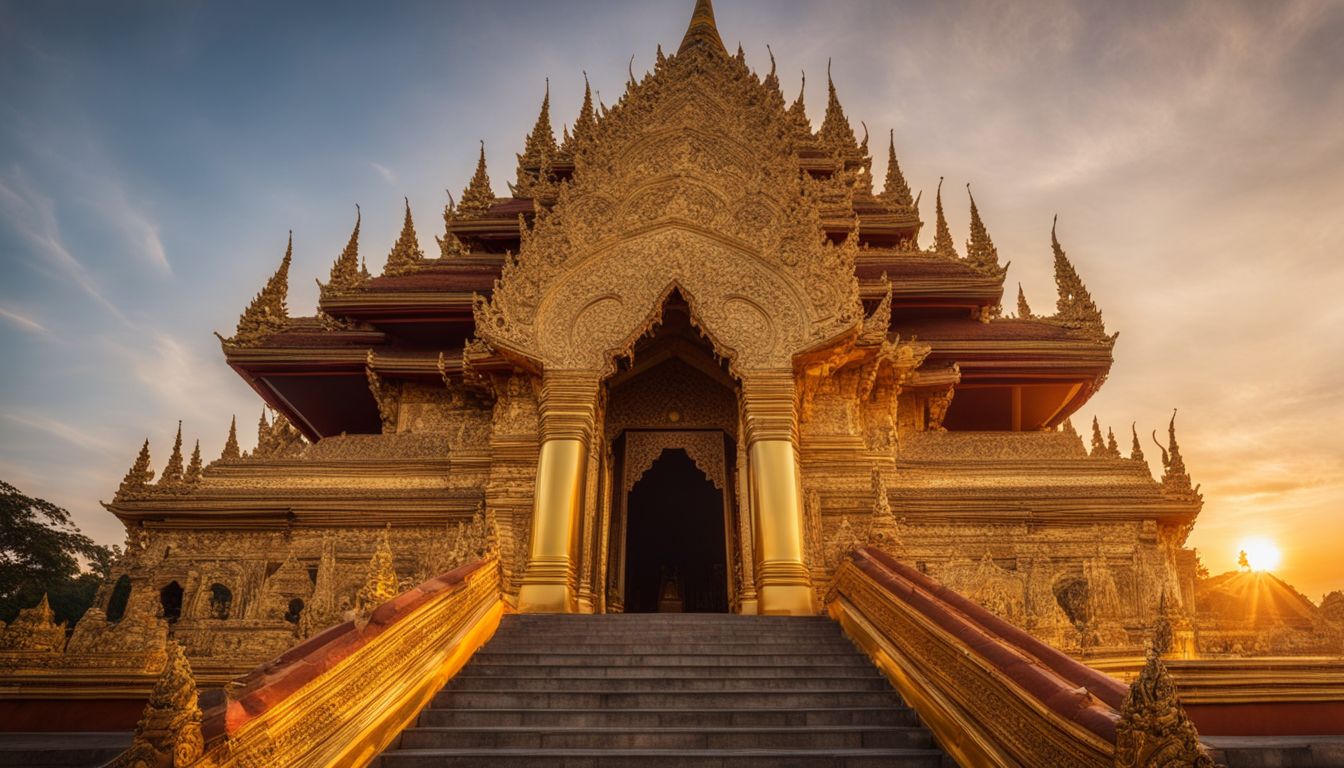 The photo displays the ornate golden architecture of Wat Bowonniwet Vihara at sunset, highlighting its grandeur and history.