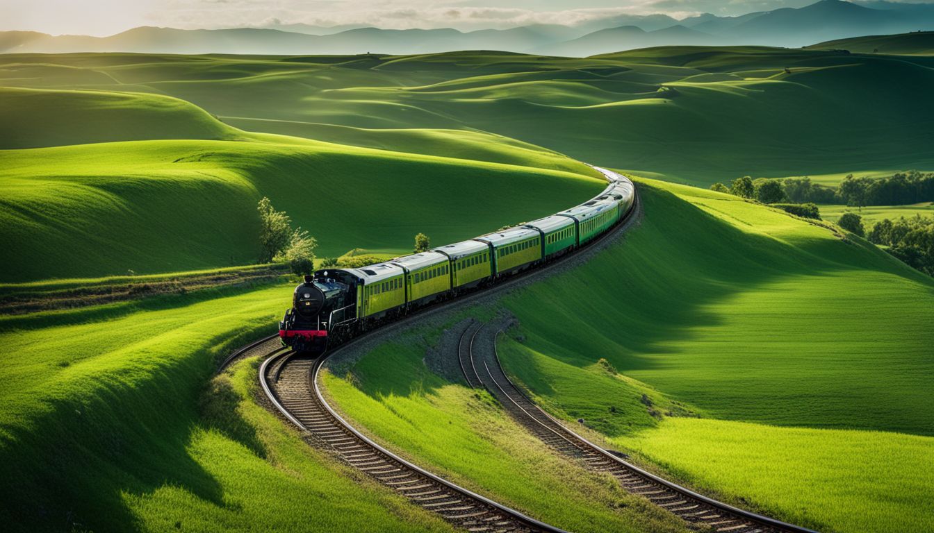 A picturesque train track cutting through lush green fields creates a captivating and bustling scene in this landscape photograph.