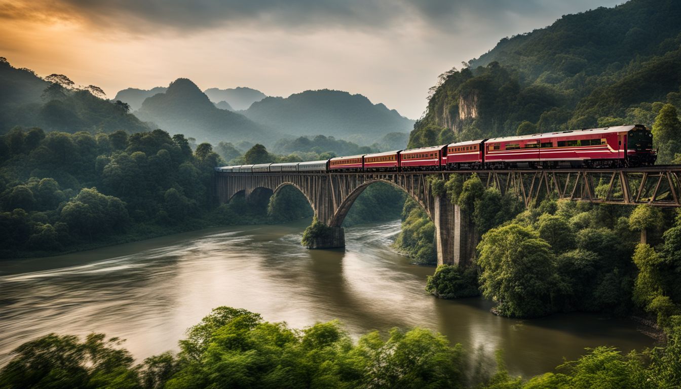A train passes over the River Kwai bridge, surrounded by scenic landscapes and a bustling atmosphere.