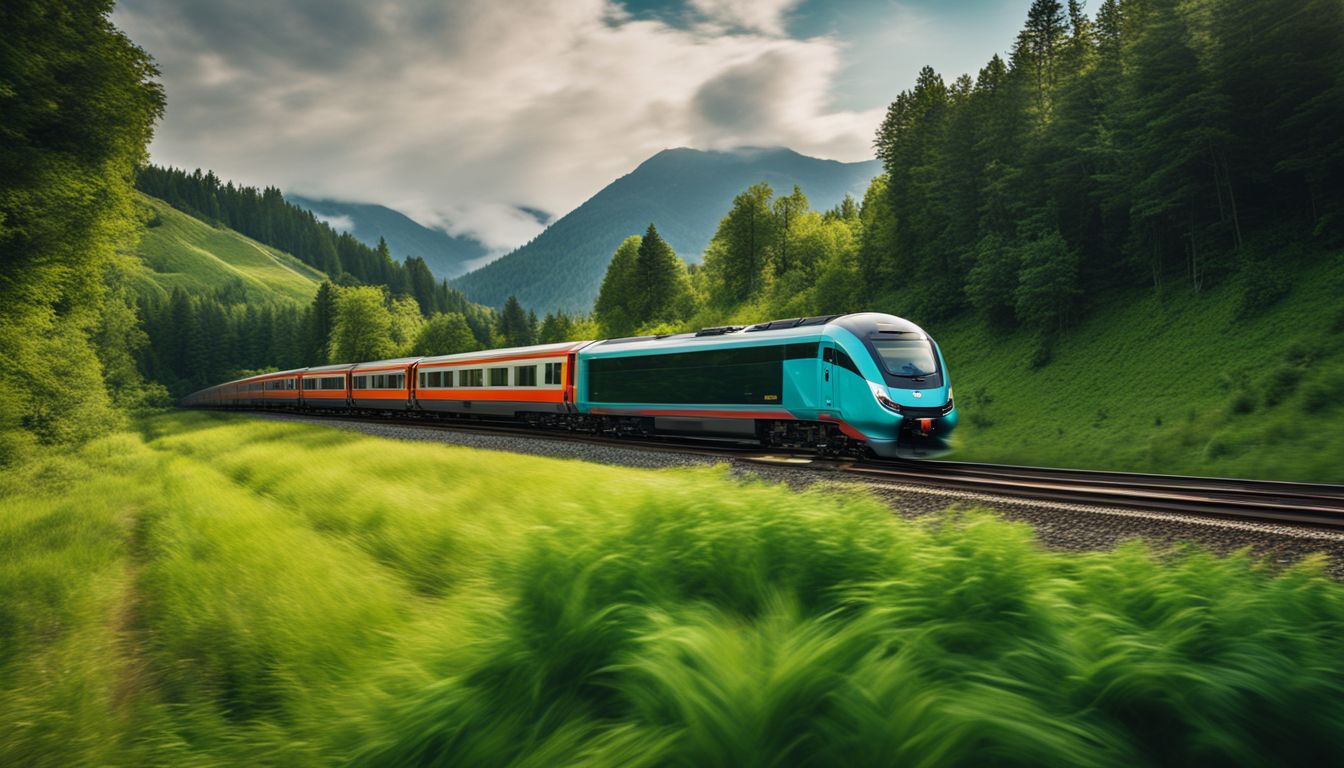 A panoramic shot of a modern train speeding through lush green landscapes with a bustling atmosphere.