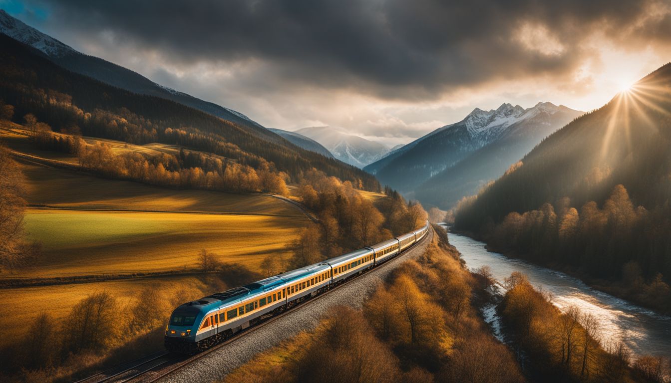 A train travels through a picturesque countryside with mountains and rivers, capturing the beauty of nature.