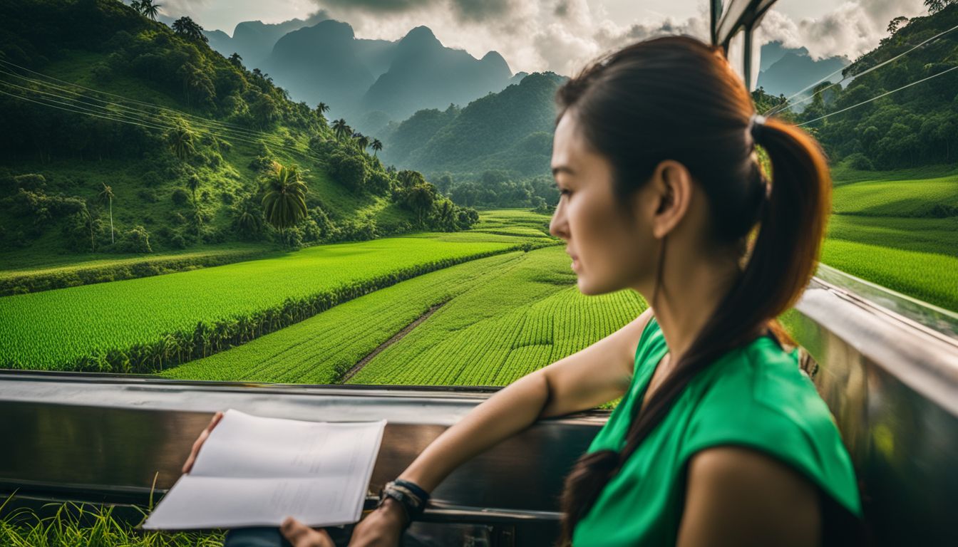 A beautiful landscape photograph of green fields and distant mountains on the Bangkok to Trang train route.