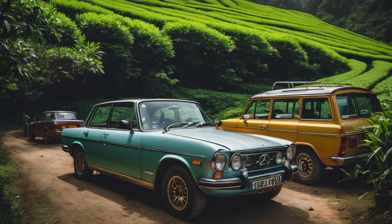 A diverse group of friends enjoy a road trip to Jaflong, surrounded by lush green tea gardens.