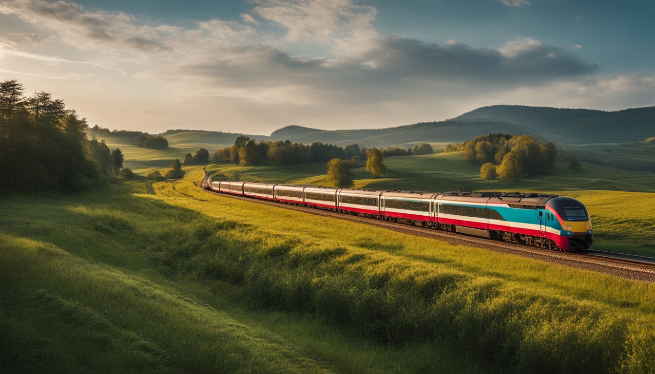 A train passes through a picturesque countryside, capturing the diverse faces and styles of its passengers.