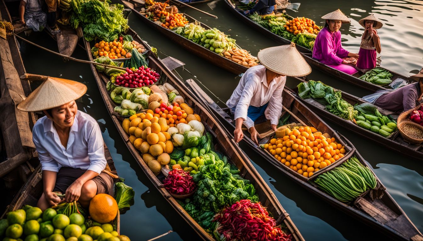 A vibrant Thai floating market with locals selling colorful fruits and vegetables in a bustling atmosphere.