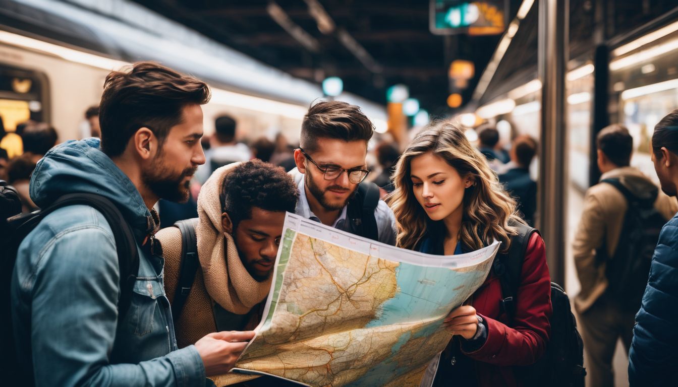 A diverse group of travelers consult a map in a busy train station.