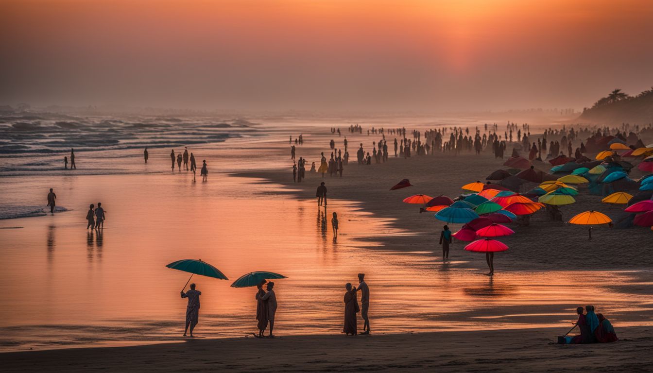 A vibrant beach scene at Cox's Bazar with tourists enjoying the sunset and colorful beach umbrellas.