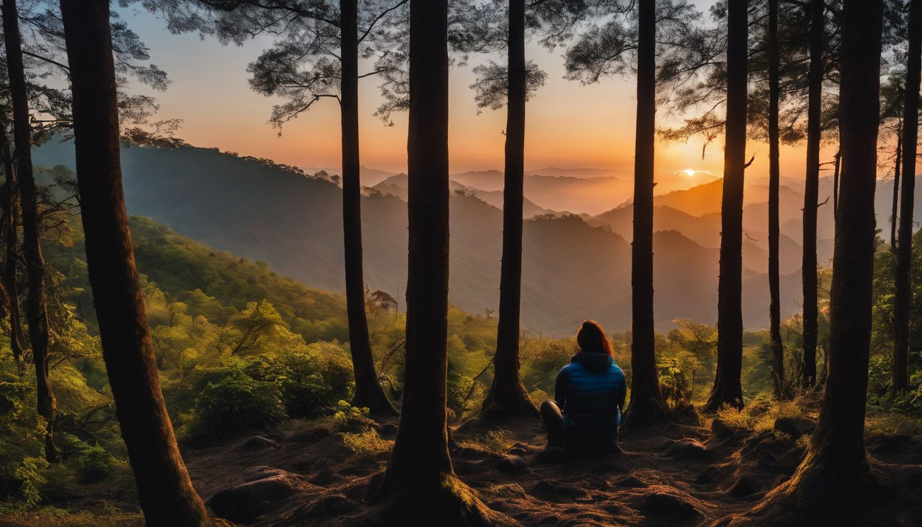 A photo of Gangamati Reserved Forest at sunset, showing a person observing the serene landscape.