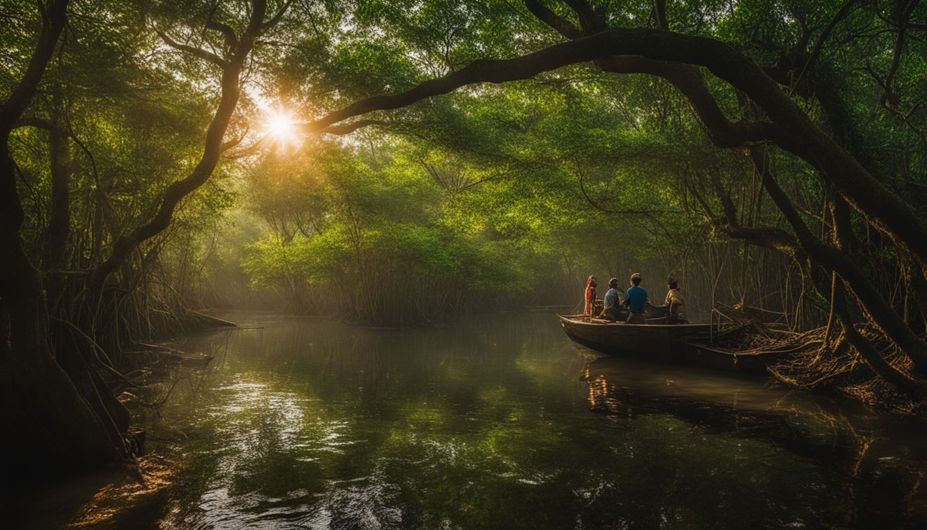 A vibrant photo capturing the lush greenery of the Sundarbans mangrove forest with sunlight filtering through the foliage.