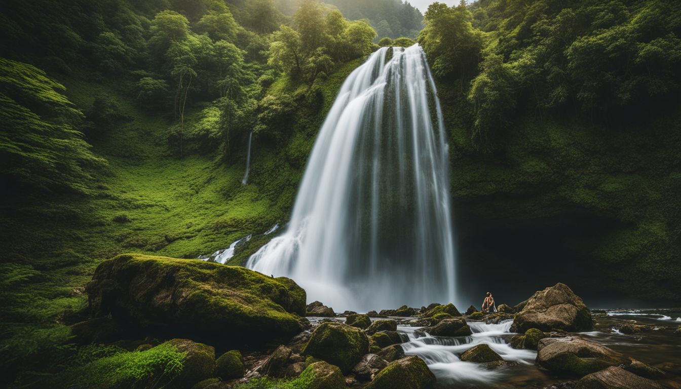 A stunning photograph of a majestic waterfall surrounded by a lush green mountain landscape.