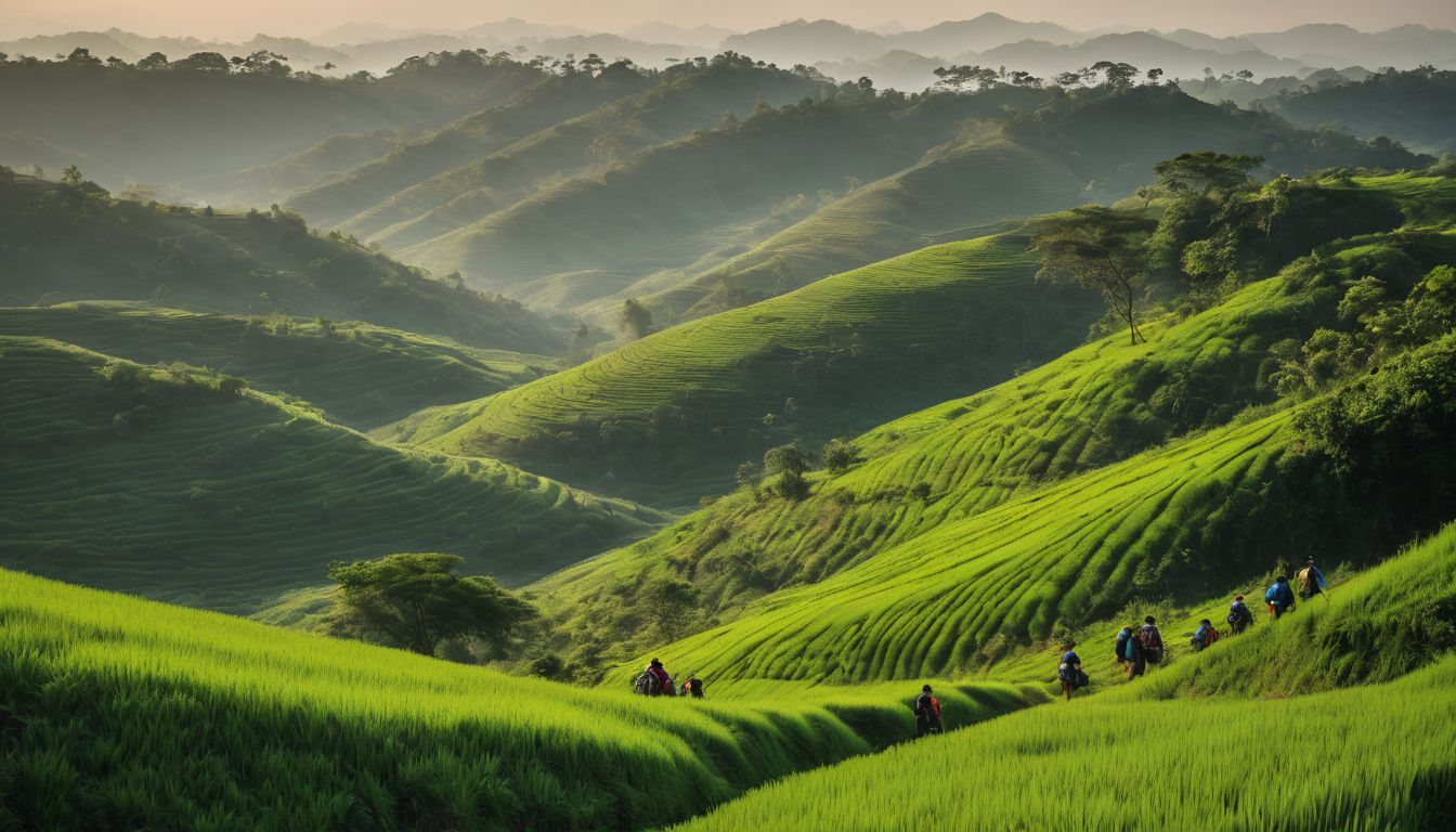 A group of hikers explores the rolling hills of Chittagong in a bustling atmosphere.