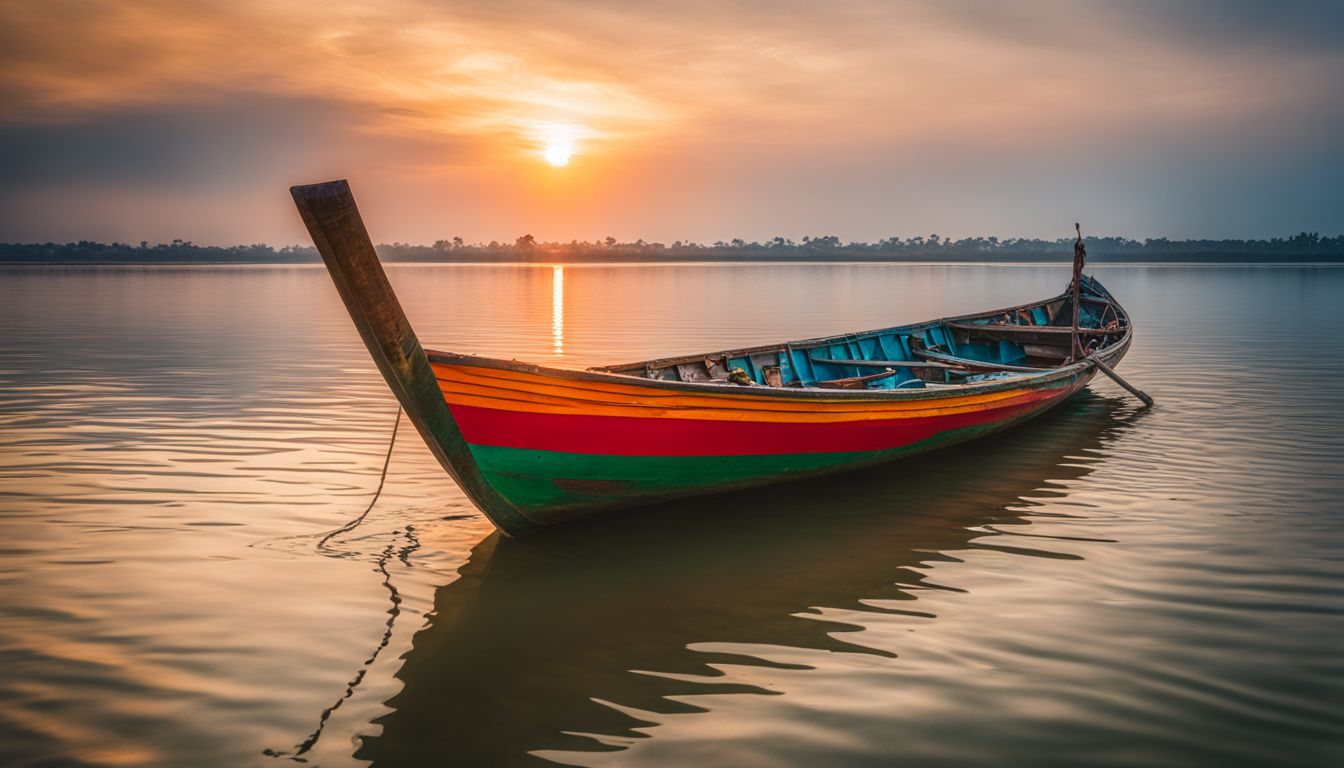 A vibrant boat sails on the peaceful Padma River, capturing the diverse beauty of its passengers.