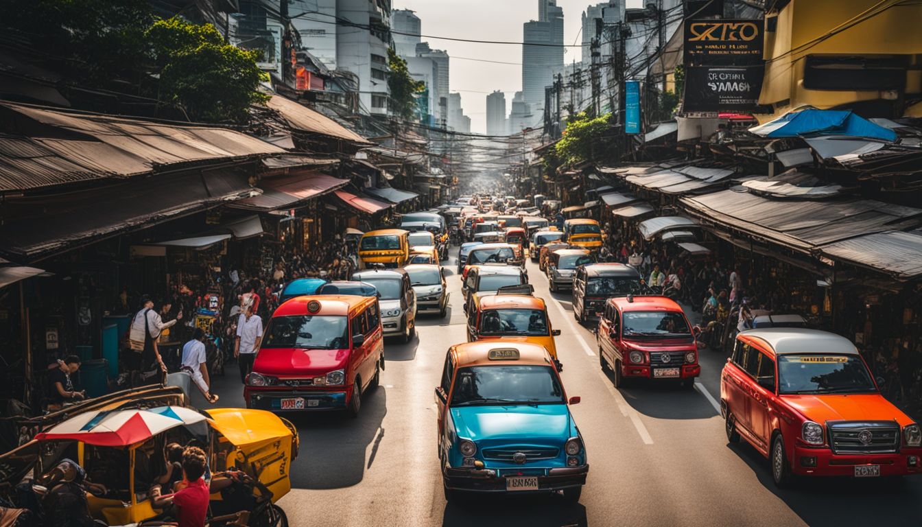 A lively Bangkok street scene with colorful taxis, tuk-tuks, and the BTS Skytrain, captured with high-quality photography equipment.