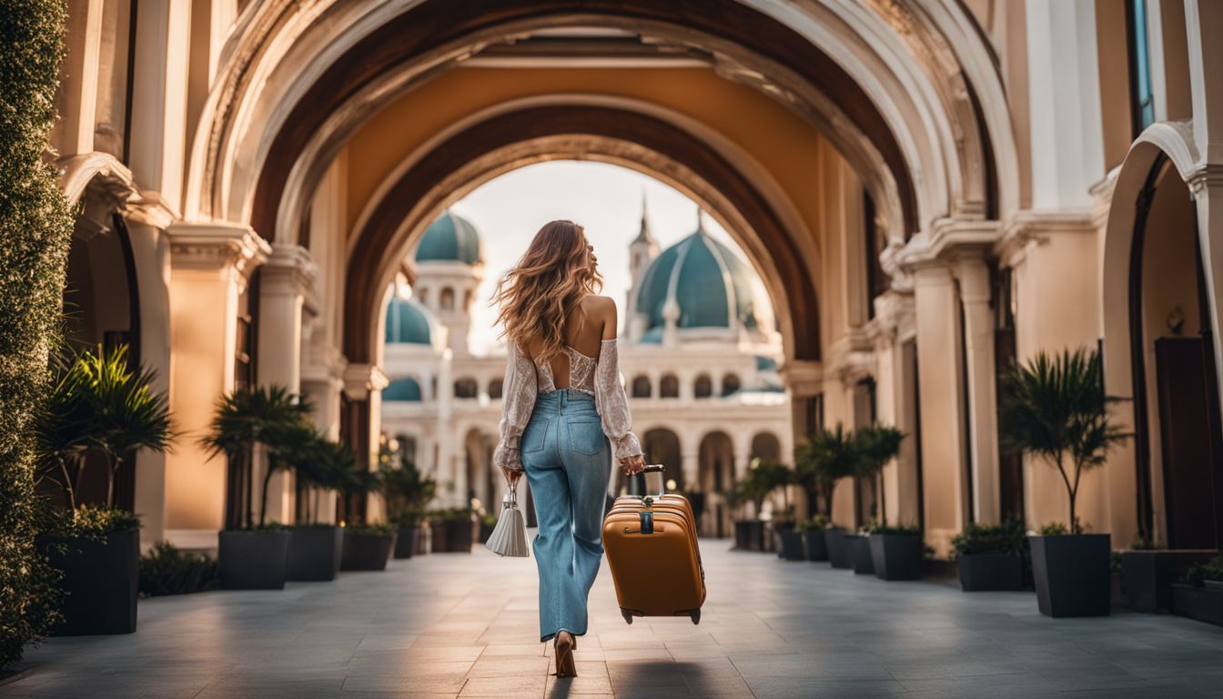 A stylish woman walking towards a luxury resort entrance with luggage in a bustling cityscape.
