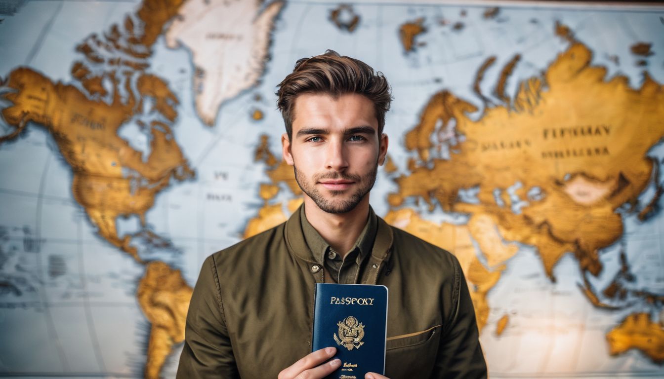 The image focuses on a person holding a passport in front of a world map, highlighting travel photography.