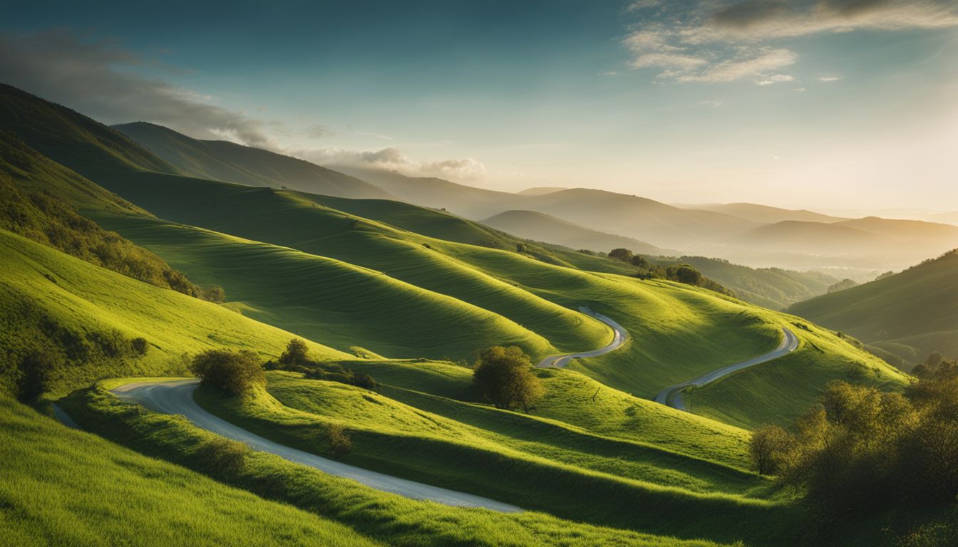 A photo of a winding road through lush green hills with various people and a bustling atmosphere.