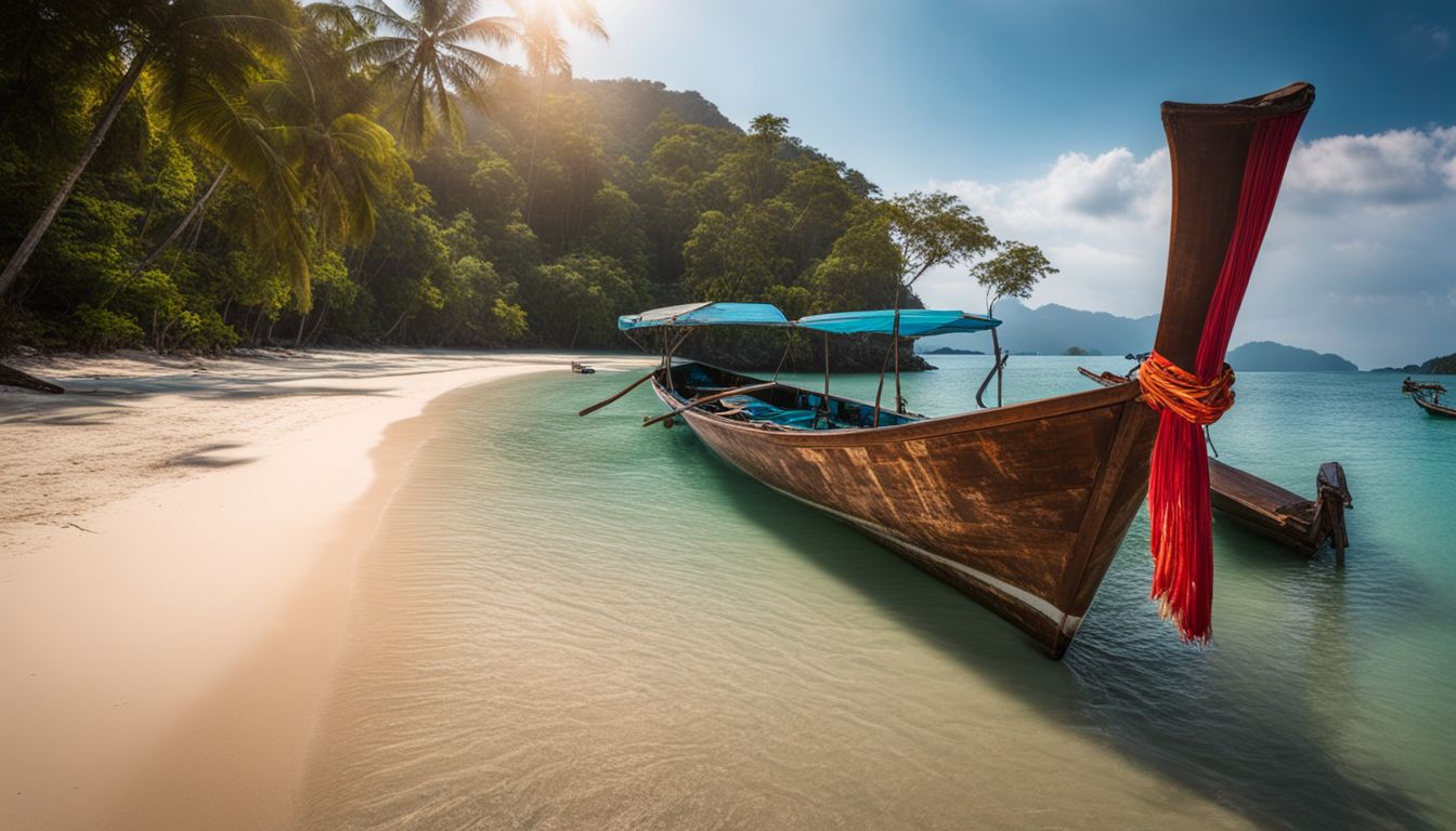 A traditional long-tail boat docking on the sandy shores of Ko Rawi, capturing the bustling atmosphere and natural beauty.