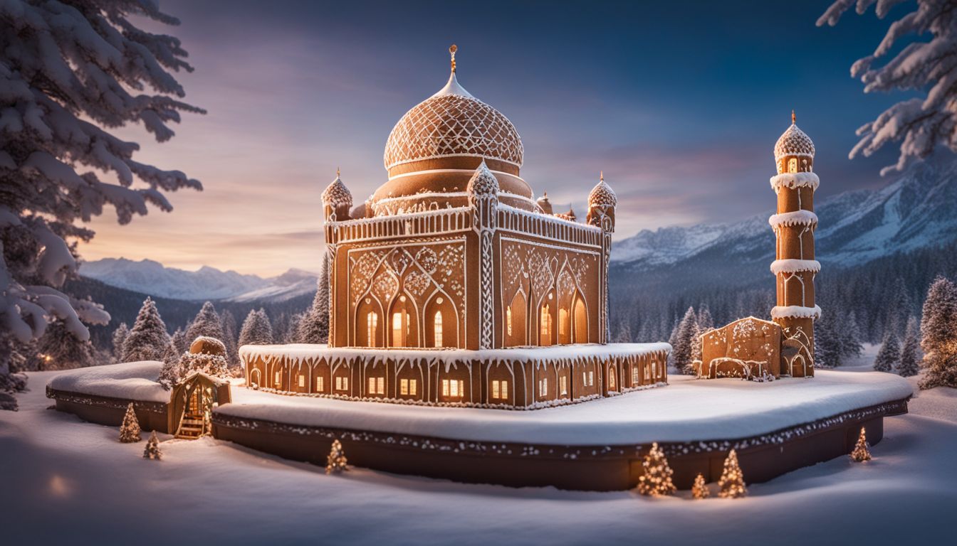 A stunning gingerbread replica of a mosque in a winter wonderland backdrop.