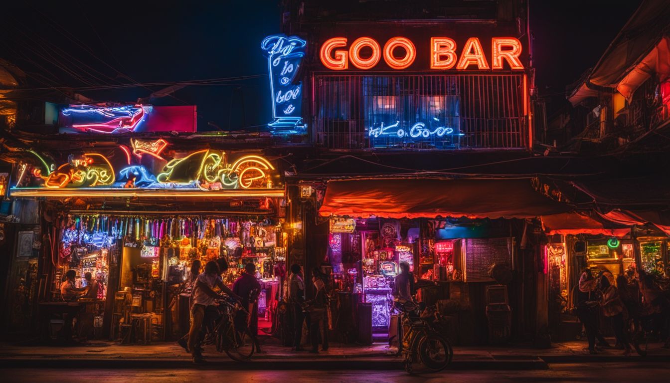 A vibrant neon sign advertising a go-go bar in the bustling nightlife of Thailand.