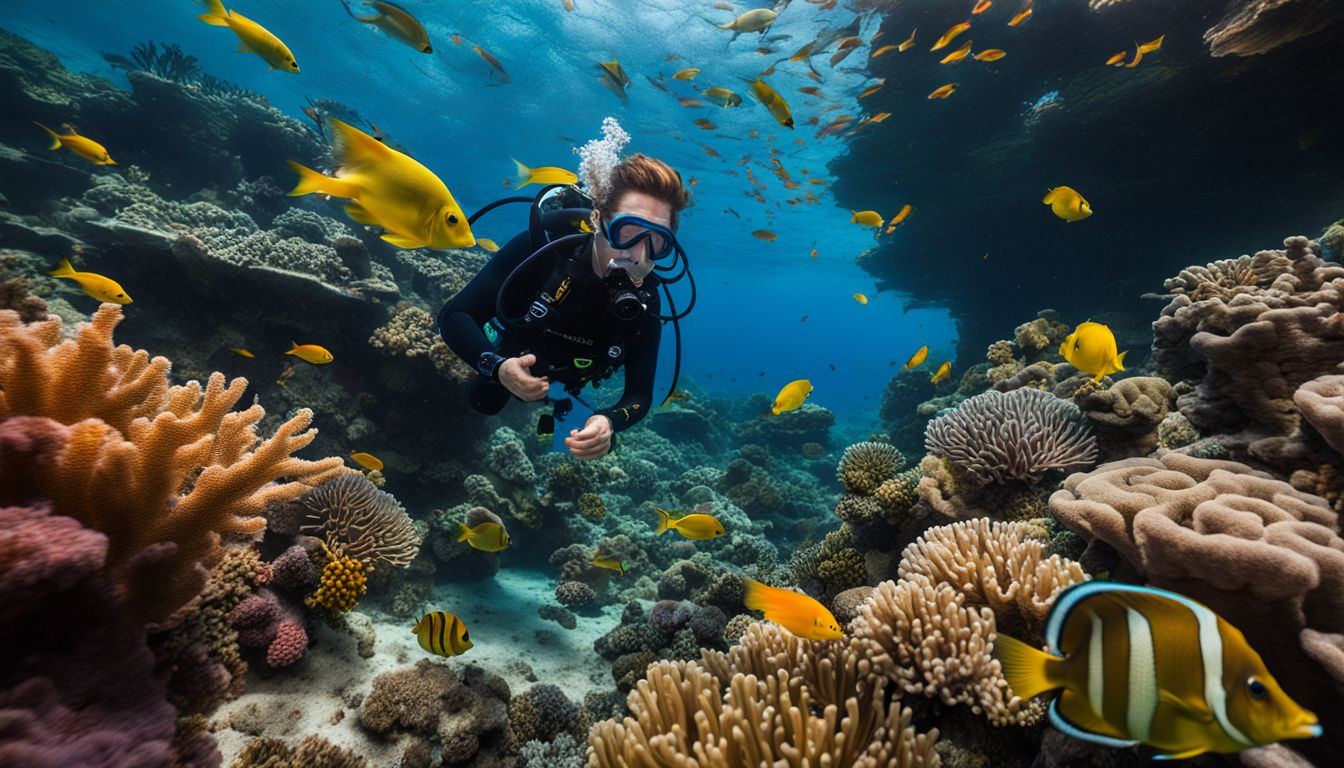 A diver explores a vibrant coral reef with a variety of exotic fish in crystal clear waters.