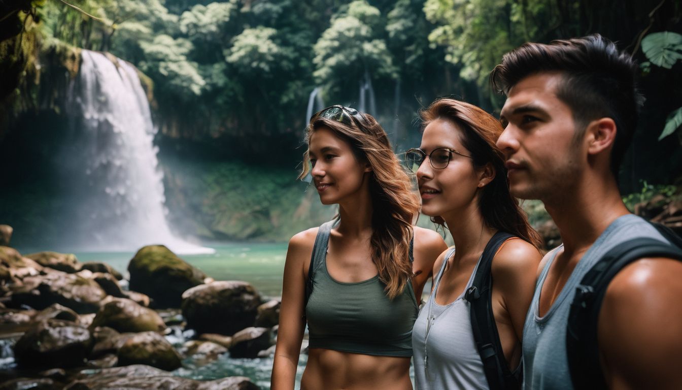 A diverse group of friends explores a beautiful waterfall surrounded by lush green trees.