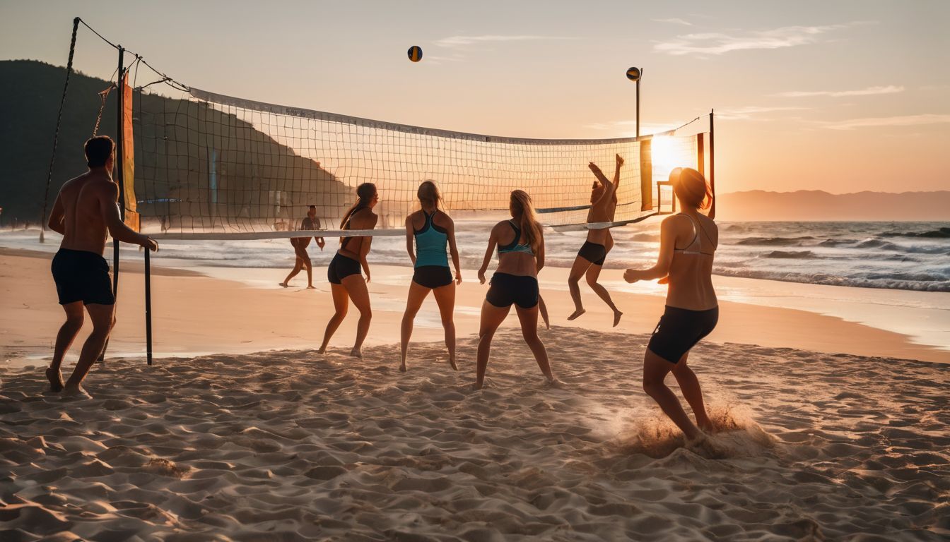 A diverse group of friends enjoy playing beach volleyball together at sunset.